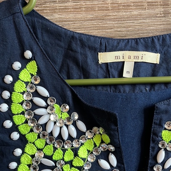 Jeweled and embroidered navy blue linen . Long tunic / worn as a mini dress - Picture 3 of 3